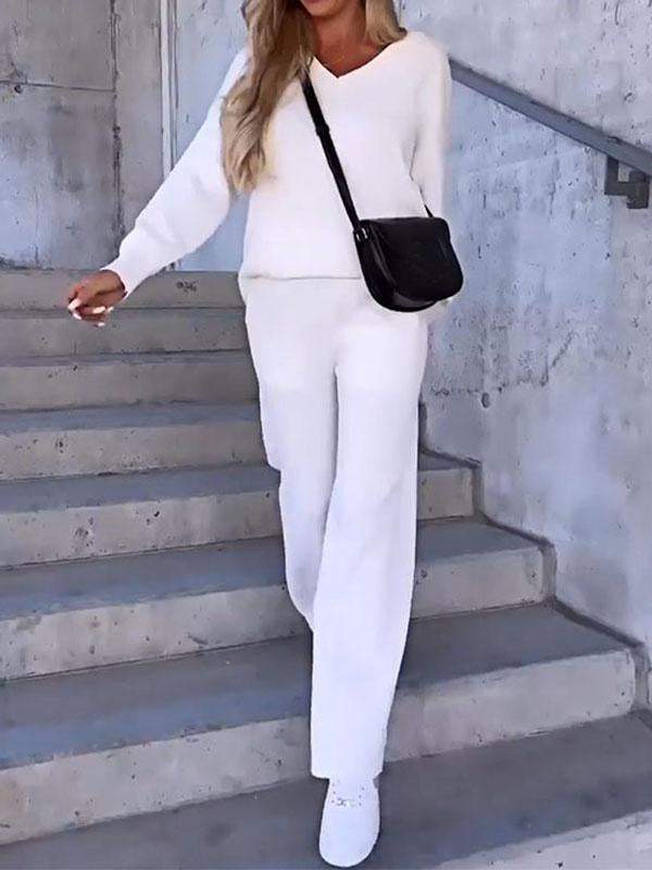 Conjunto Femenino de Top de Color Sólido con Escote en V y Pantalones de Dos Piezas