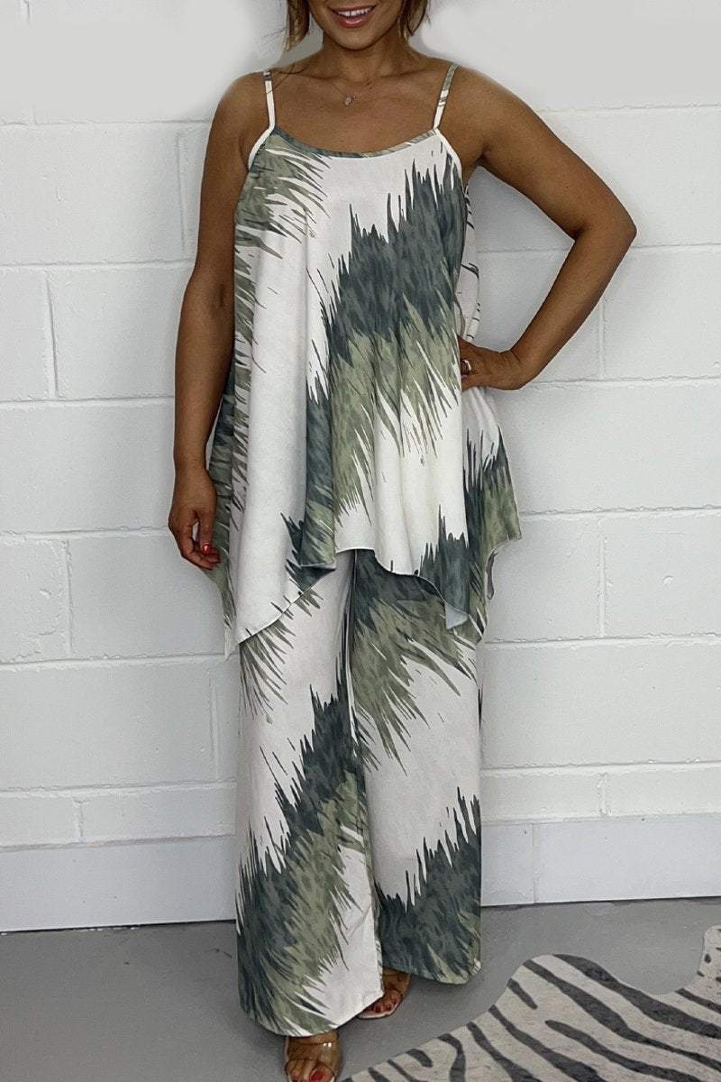 Conjunto Femenino de Top Estampado y Pantalón de Pierna Ancha