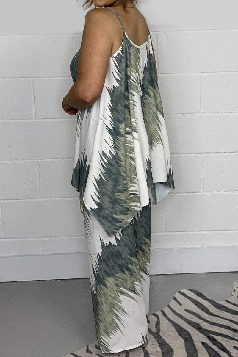 Conjunto Femenino de Top Estampado y Pantalón de Pierna Ancha