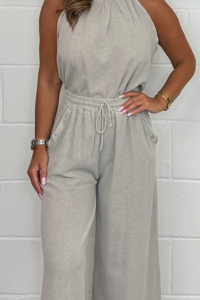 Conjunto Femenino de Top Flotante con Lazo en la Espalda y Pantalón con Cuello Halter