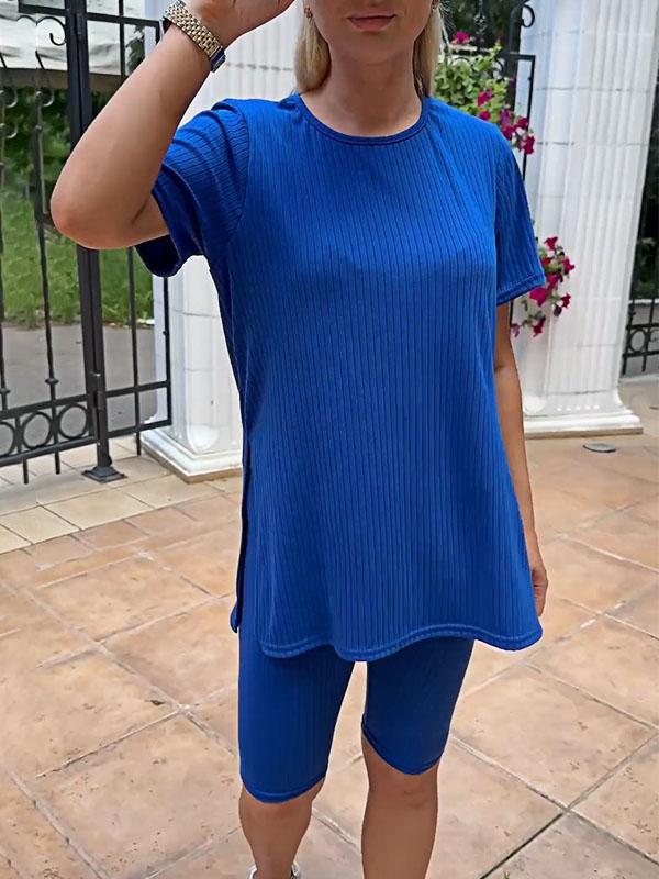 Conjunto Femenino de Top de Malha Elástica de Color Sólido y Shorts de Dos Piezas