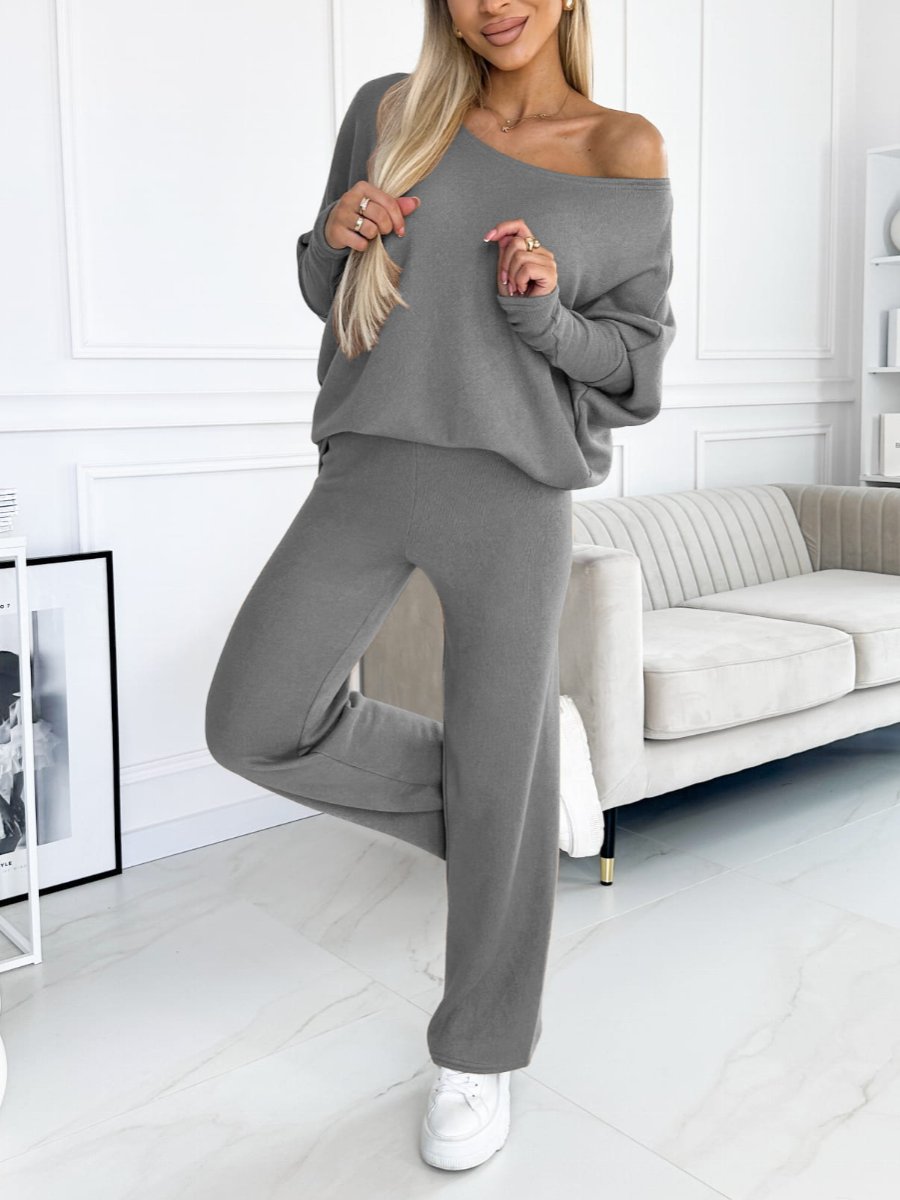 Conjunto Femenino de Tops con Mangas de Murciélago y Pantalón de Pierna Ancha de Color Sólido