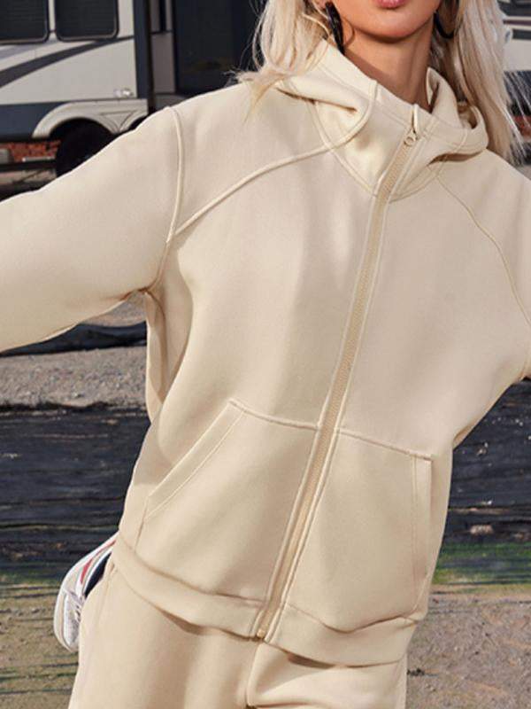 Conjunto Femenino Deportivo de Dos Piezas con Capucha y Manga Larga y Pantalón hasta el Tobillo de Color Sólido
