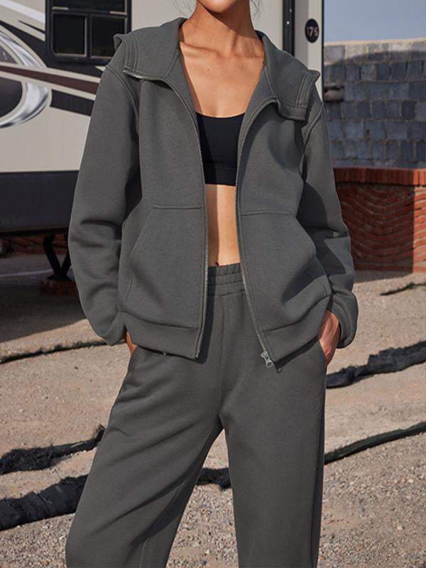 Conjunto Femenino Deportivo de Dos Piezas con Capucha y Manga Larga y Pantalón hasta el Tobillo de Color Sólido