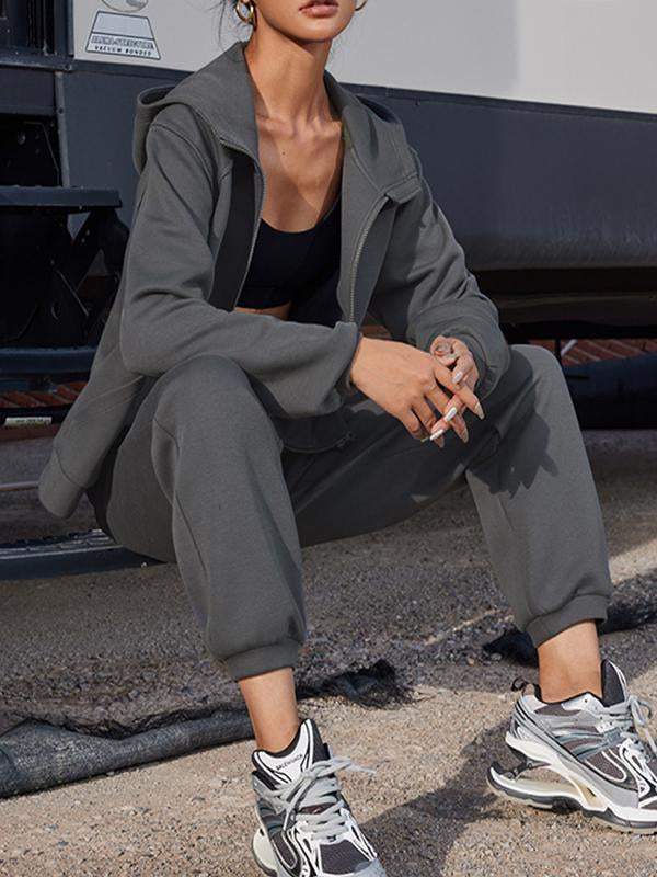 Conjunto Femenino Deportivo de Dos Piezas con Capucha y Manga Larga y Pantalón hasta el Tobillo de Color Sólido