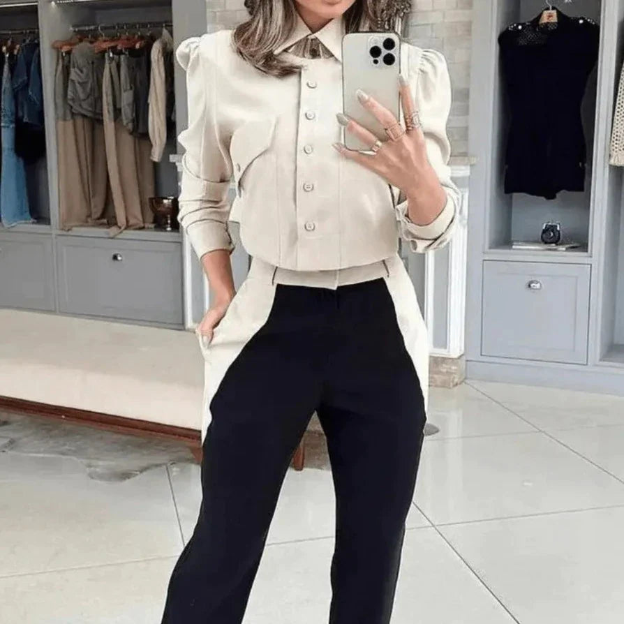 Conjunto Femenino Social Camisa Cropped Pantalón Sarja
