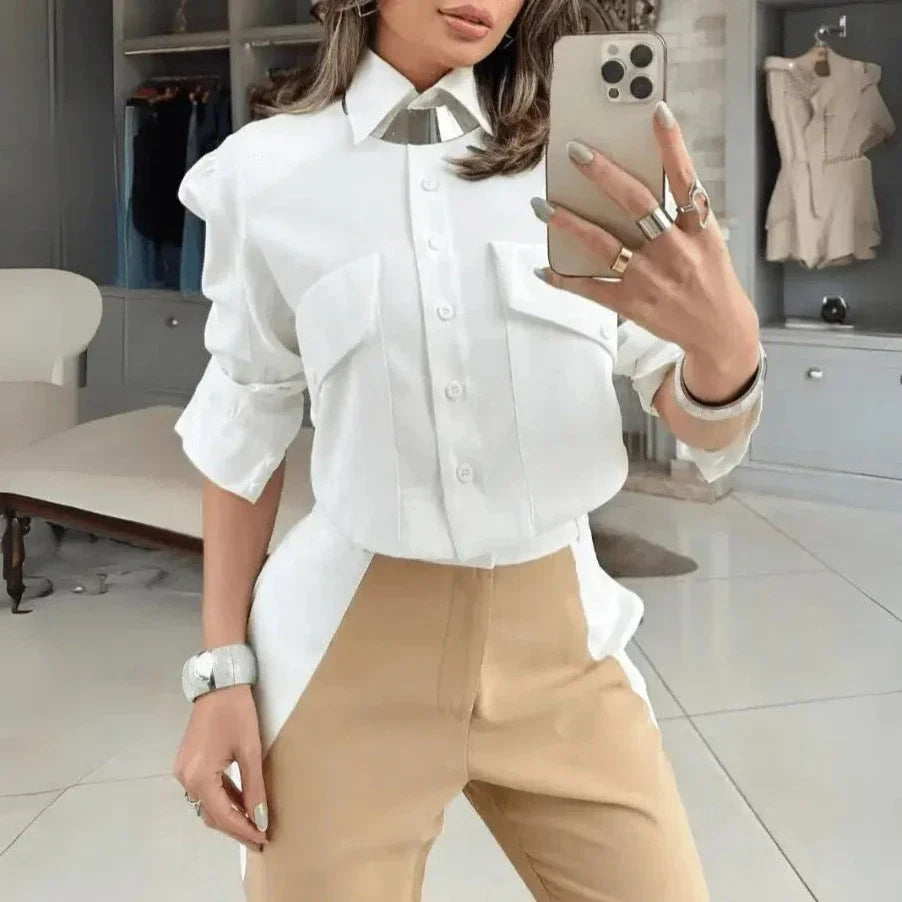 Conjunto Femenino Social Camisa Cropped Pantalón Sarja