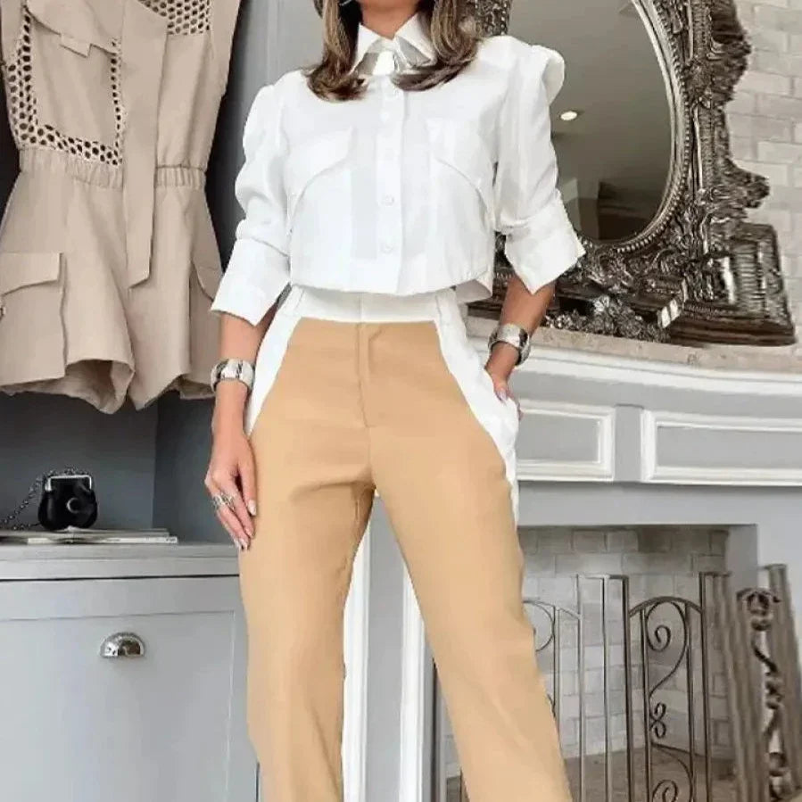 Conjunto Femenino Social Camisa Cropped Pantalón Sarja
