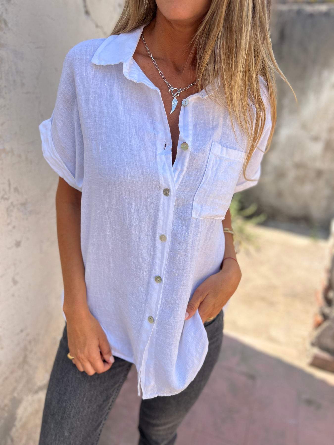 Camisa casual de algodón y lino con solapa