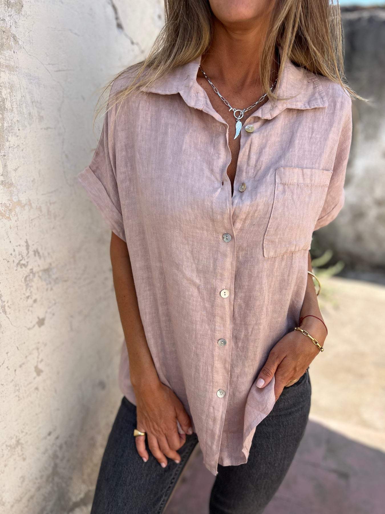 Camisa casual de algodón y lino con solapa