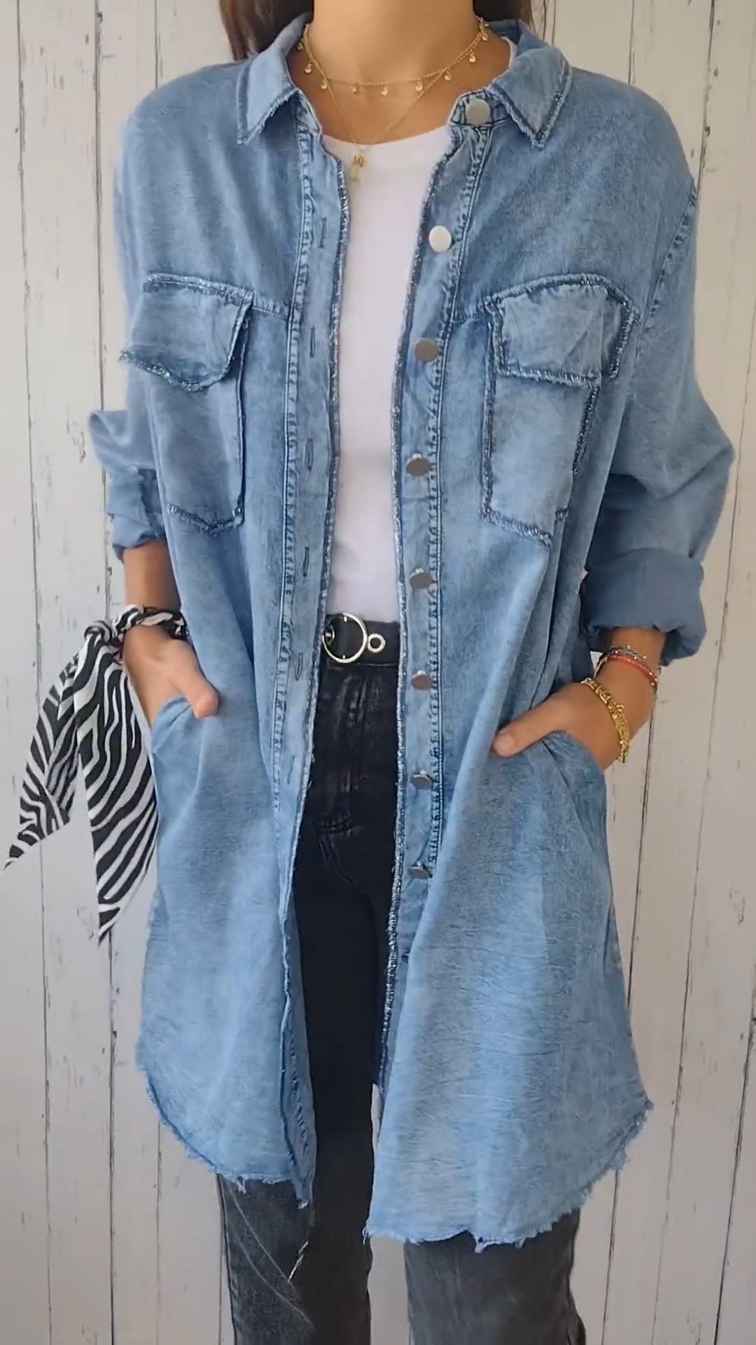 Camisa Longa Confortável de Jeans Falso