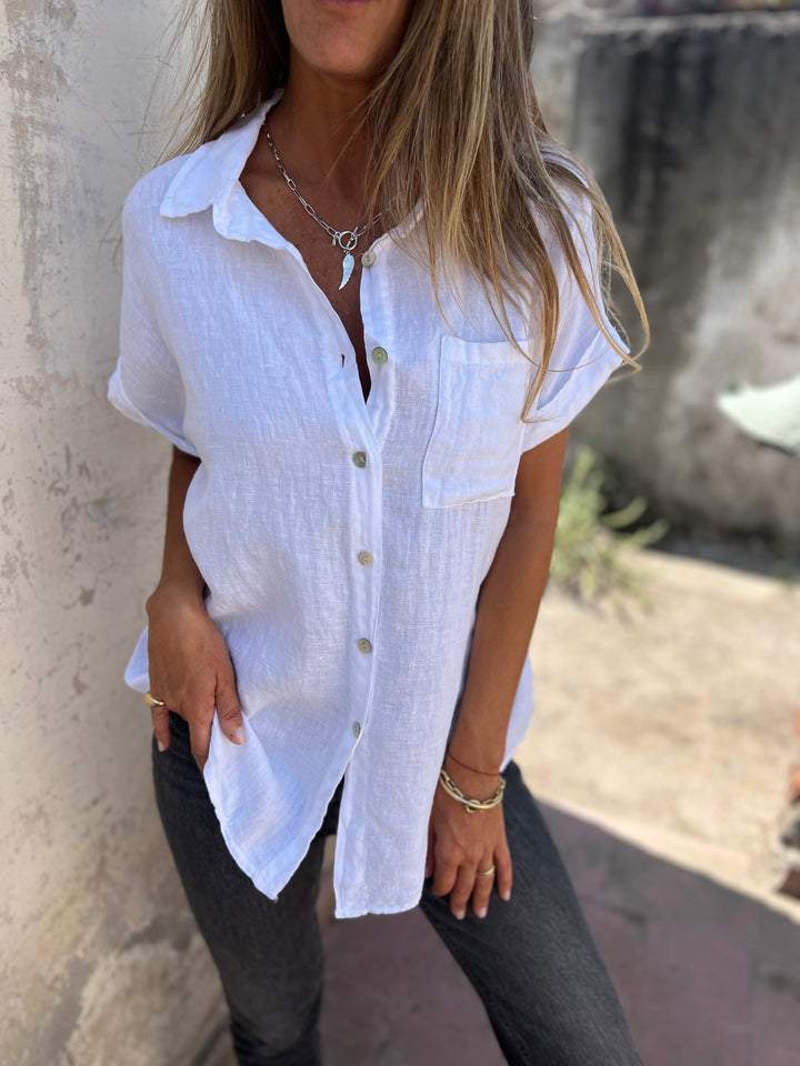 Camisa casual de algodón y lino con solapa