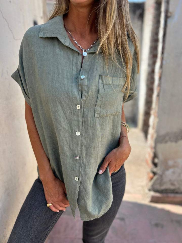 Camisa casual de algodón y lino con solapa