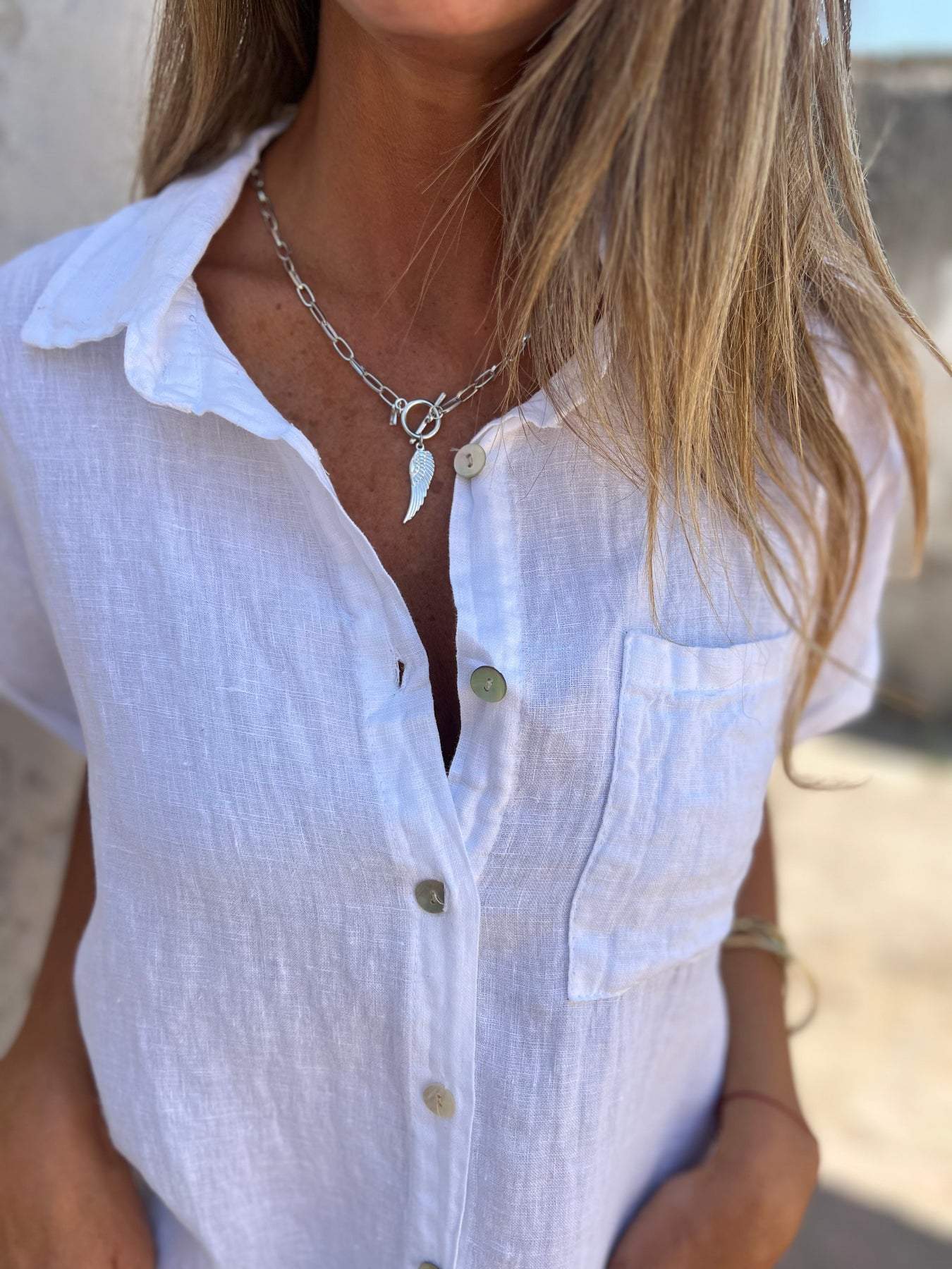 Camisa casual de algodón y lino con solapa