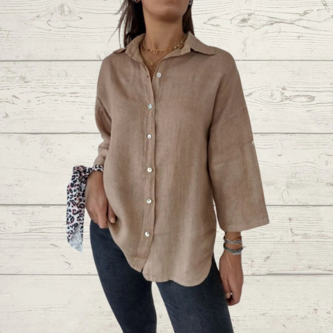 Camisa de algodão e linho com lapela e mangas longas
