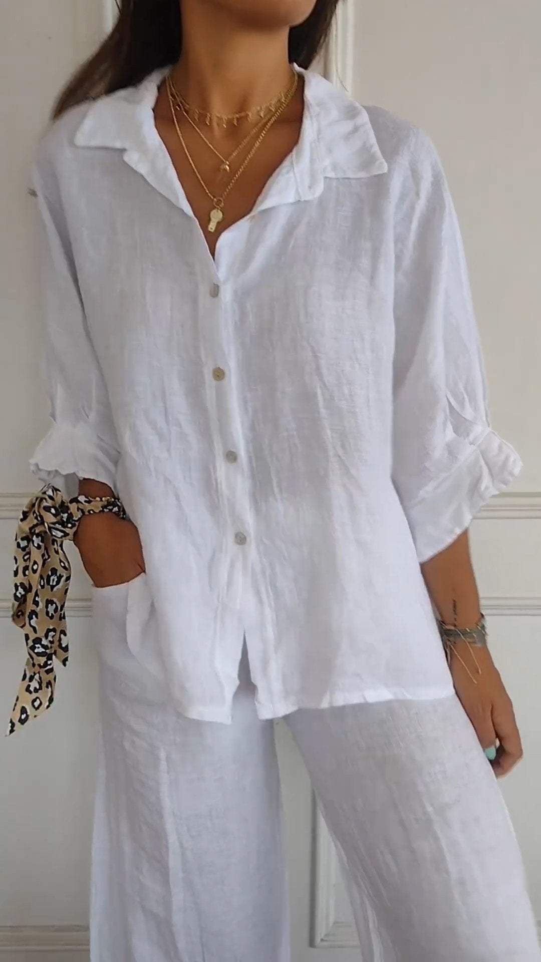 Camisa casual con amarre en la espalda y solapa, de algodón y lino