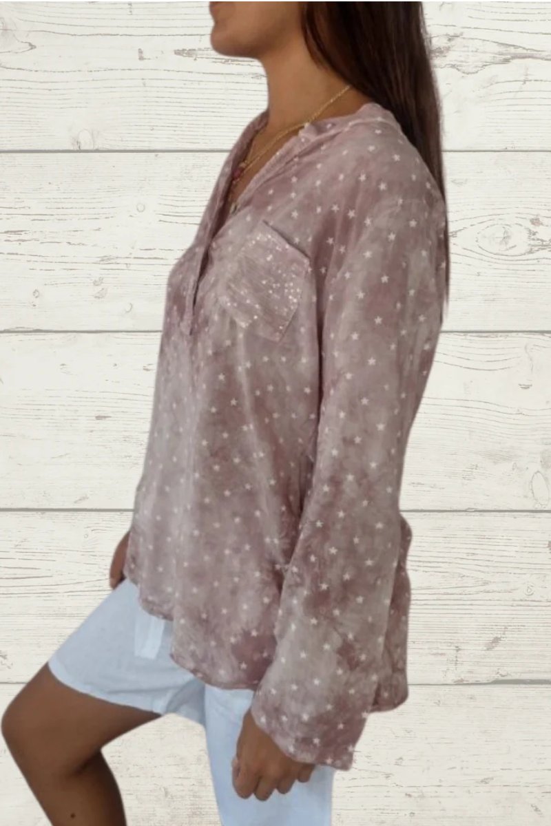Blusa casual de linho com estampa de estrelas e bolso frontal feminino