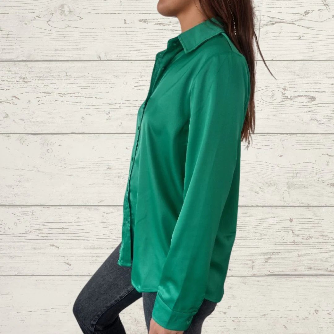 Camisa de Cetim com Lapela e Mangas Longas
