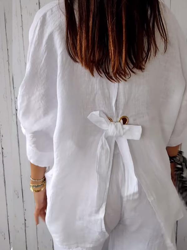 Camisa casual con amarre en la espalda y solapa, de algodón y lino