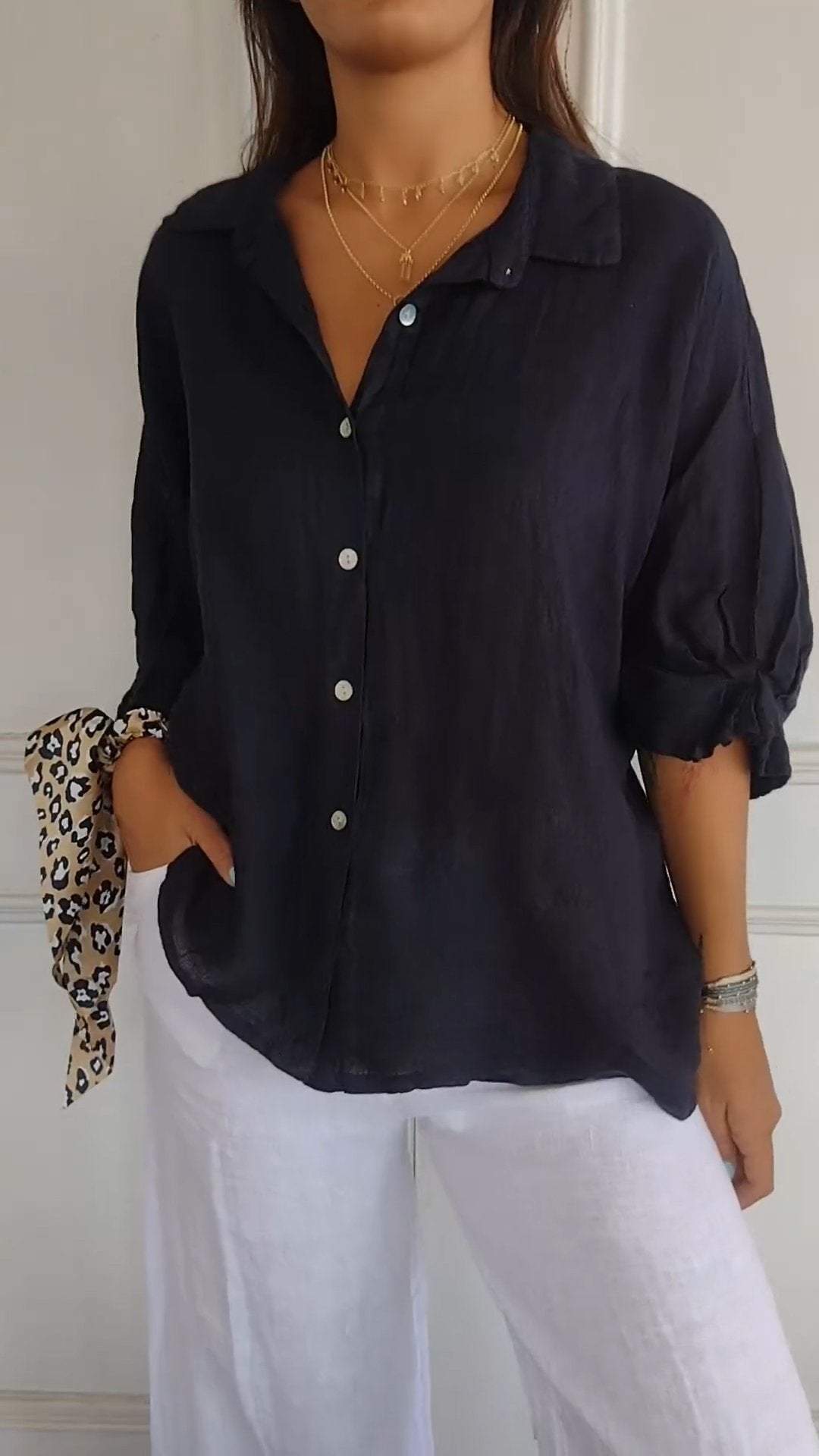 Camisa casual con amarre en la espalda y solapa, de algodón y lino