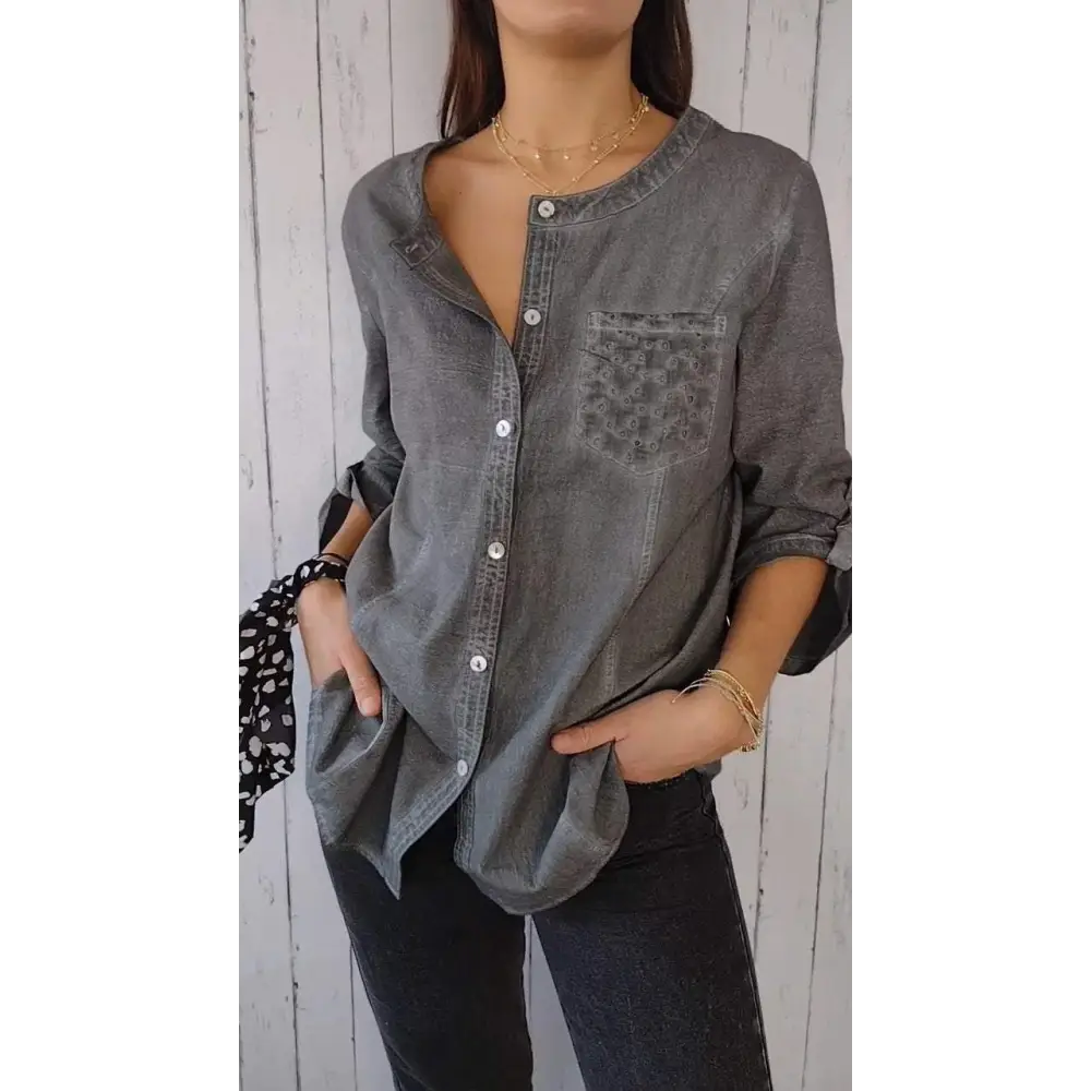 Top Casual de Algodão e Linho com Gola Redonda e Mangas 3/4