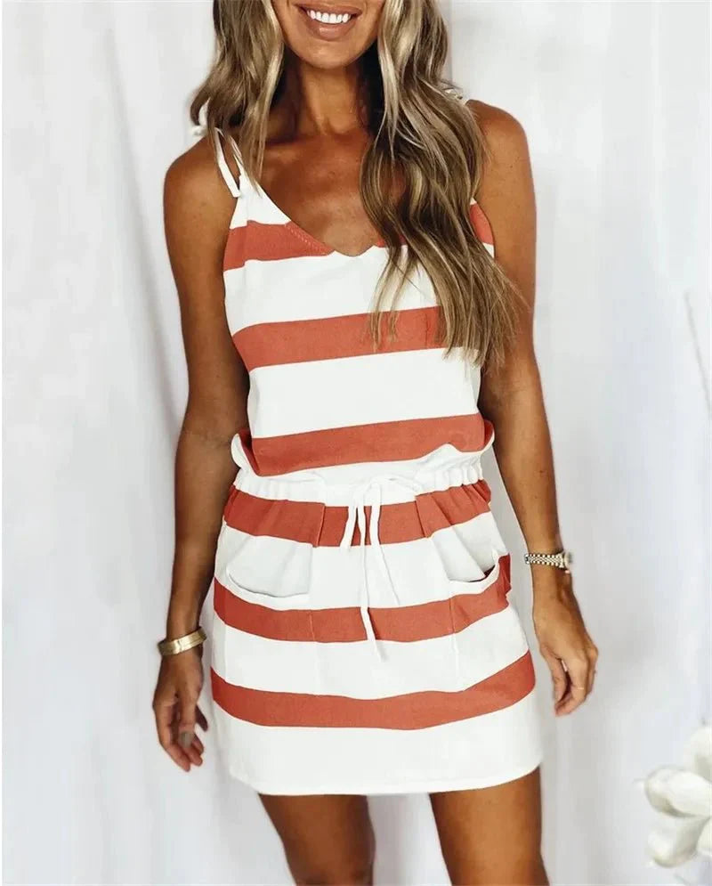Vestido Femenino Rayado Sin Mangas con Tirantes y Bolsillo