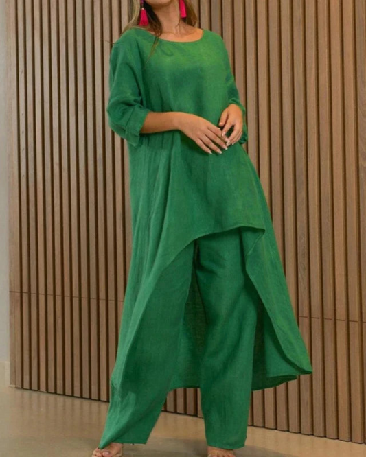 Conjunto Femenino Lino Blusa Larga y Pantalón Suelto Geovana