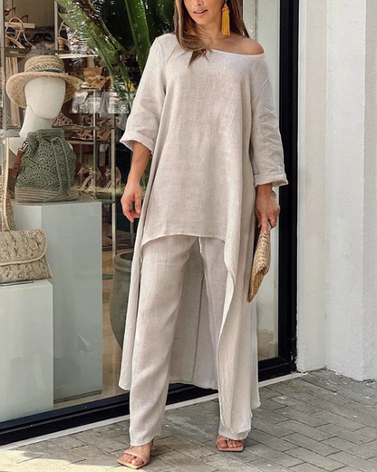 Conjunto Femenino Lino Blusa Larga y Pantalón Suelto Geovana