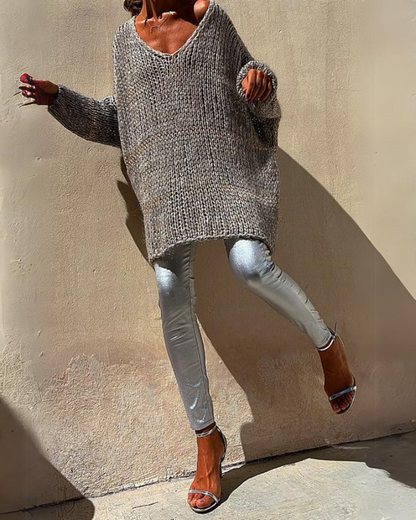 Suéter Femenino de Tricô – Oversized con Trama Abierta y Escote en V Wendy
