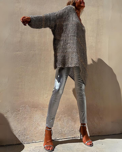 Suéter Femenino de Tricô – Oversized con Trama Abierta y Escote en V Wendy