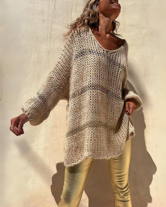 Suéter Femenino de Tricô – Oversized con Trama Abierta y Escote en V Wendy