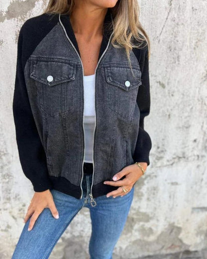 Chaqueta Femenina con Corte de Jeans y Mangas de Tejido Anita