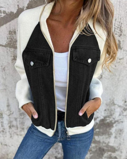 Chaqueta Femenina con Corte de Jeans y Mangas de Tejido Anita