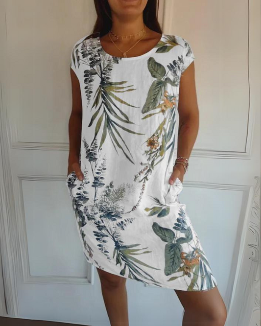 Vestido Estampado de Cuello Redondo en Algodón