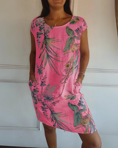 Vestido Estampado de Cuello Redondo en Algodón