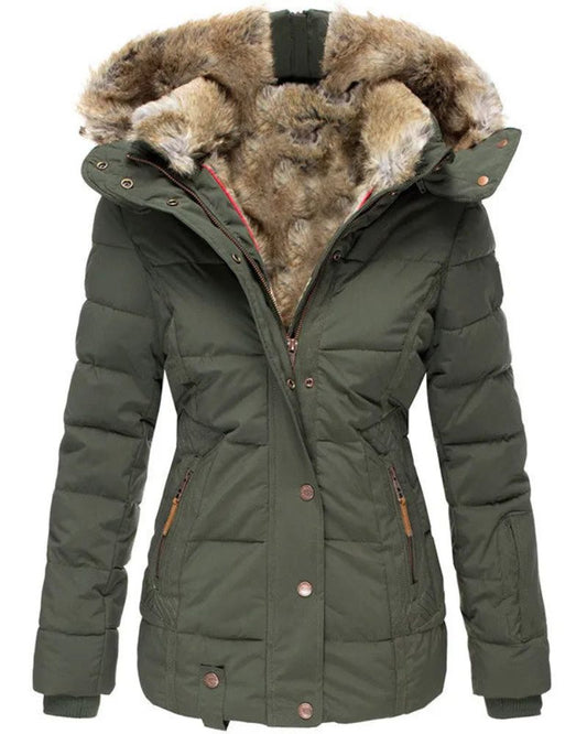 Chaqueta Femenina Puffer con Capucha Forrada en Pelo Liena