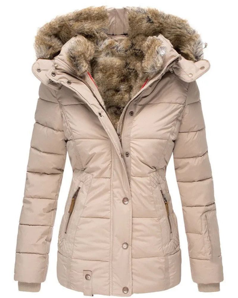 Chaqueta Femenina Puffer con Capucha Forrada en Pelo Liena