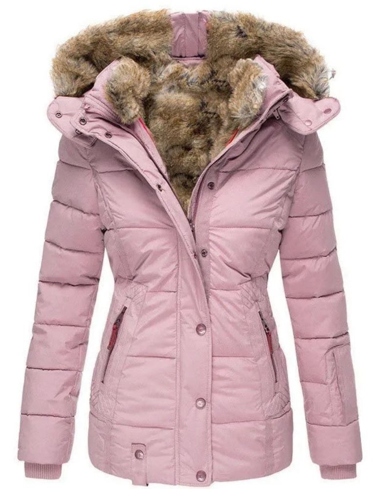Chaqueta Femenina Puffer con Capucha Forrada en Pelo Liena