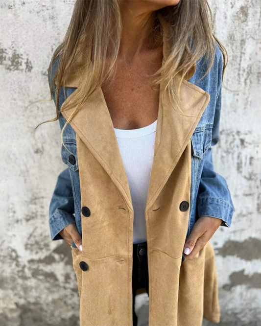Sobretodo Femenino Bicolor Jeans y Suede Marina