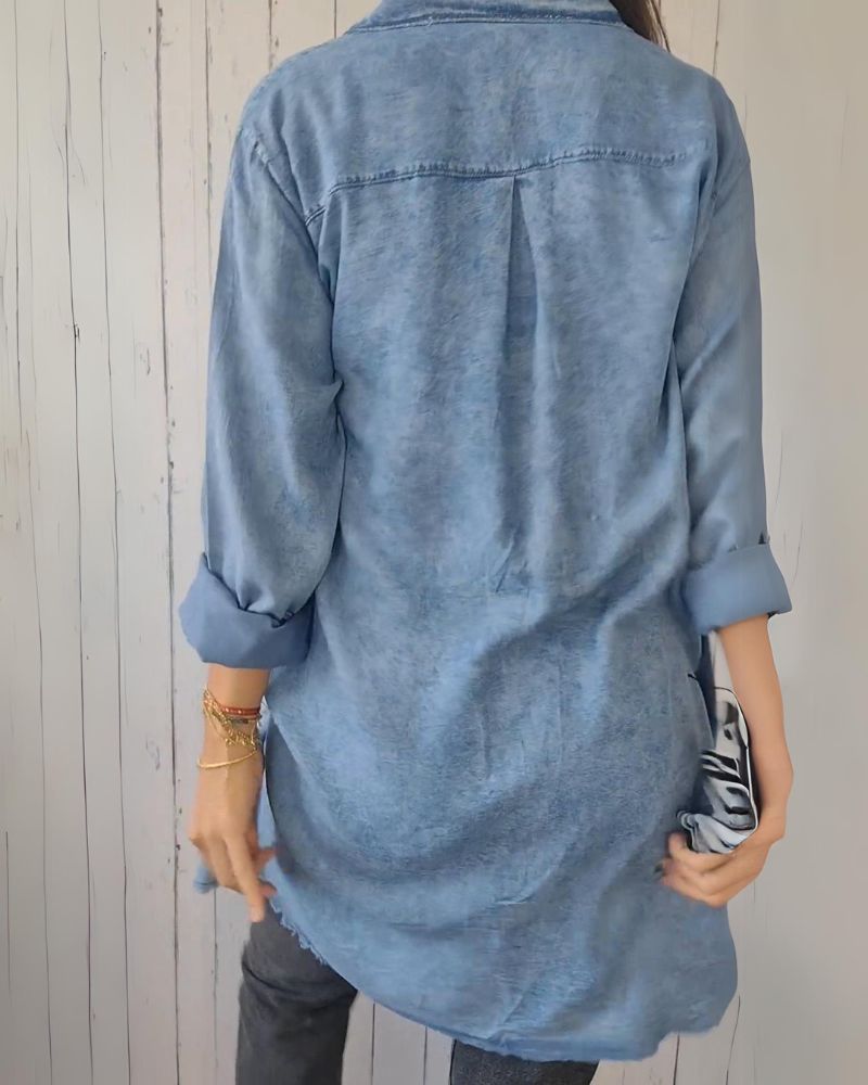 Camisa de Jeans Oversized Femenina con Bolsos Frontales Elisa