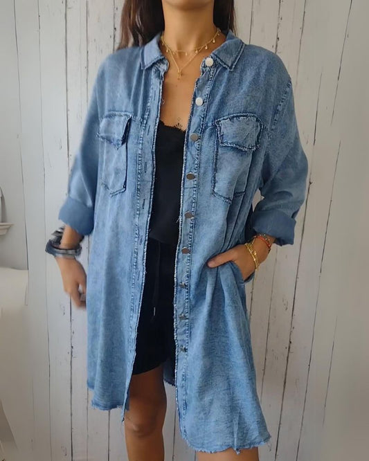 Camisa de Jeans Oversized Femenina con Bolsos Frontales Elisa
