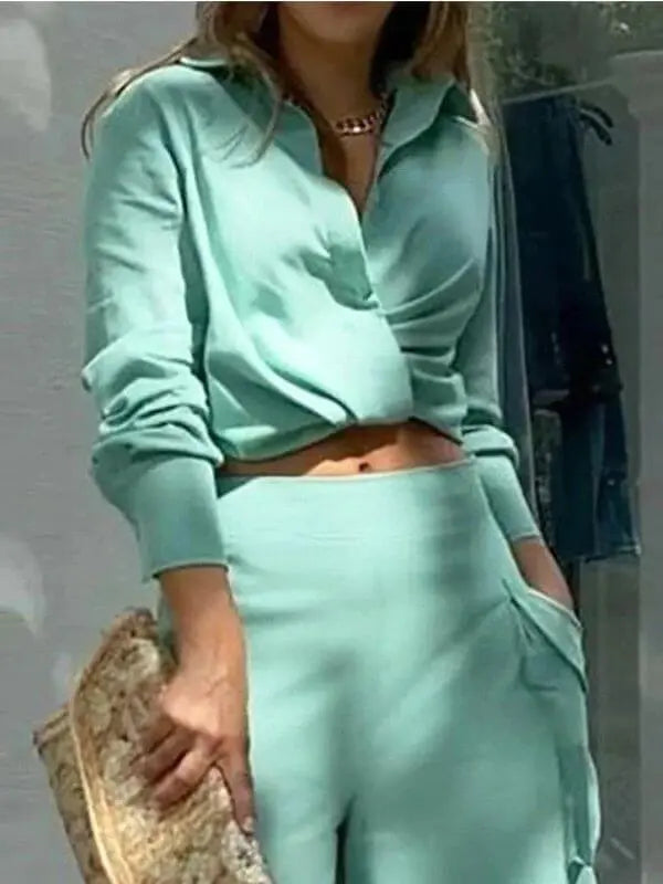 Conjunto Femenino Social Camisa de Manga Larga y Pantalón Pantalona