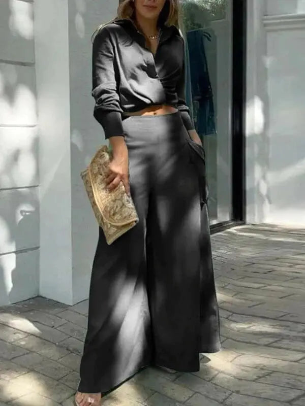 Conjunto Femenino Social Camisa de Manga Larga y Pantalón Pantalona