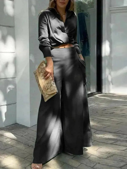 Conjunto Femenino Social Camisa de Manga Larga y Pantalón Pantalona