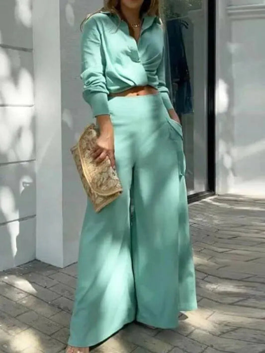 Conjunto Femenino Social Camisa de Manga Larga y Pantalón Pantalona