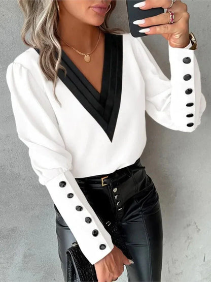 Camisa Social Femenina Escote V Manga Larga