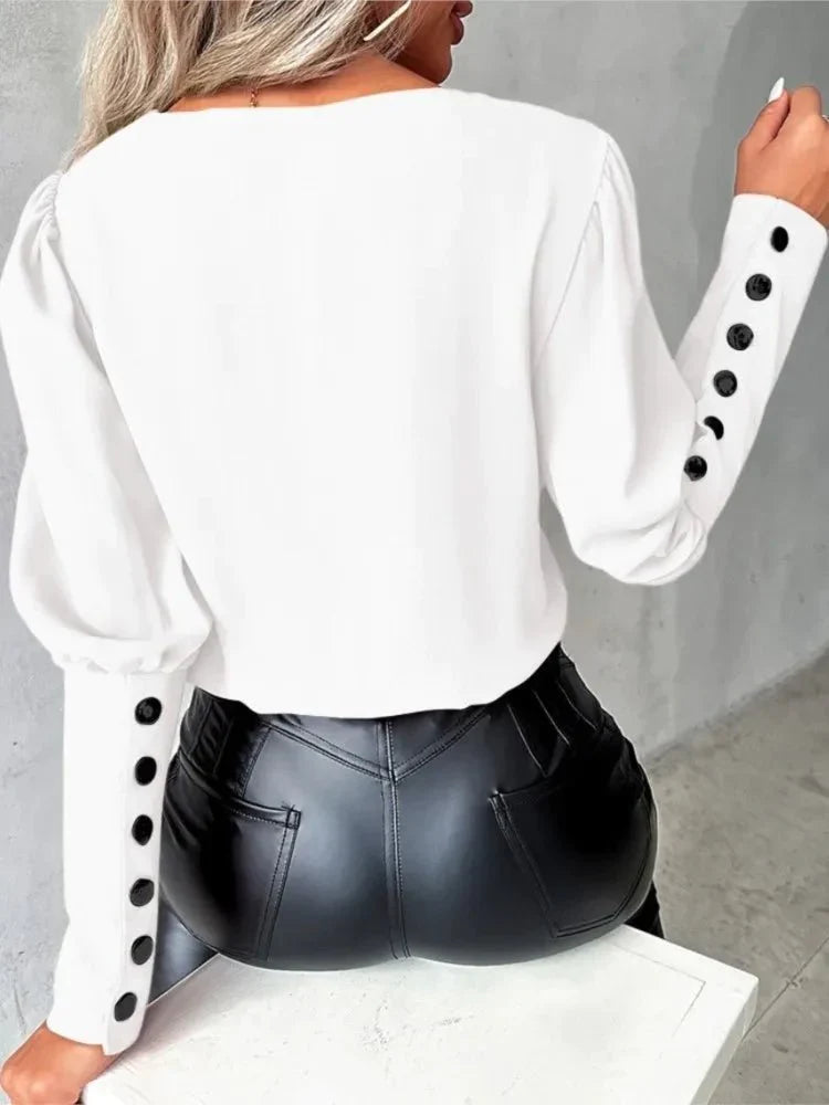 Camisa Social Femenina Escote V Manga Larga