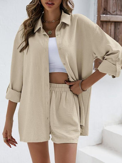 Conjunto Casual de Camisa de Manga Larga con Solapa y Shorts de Cintura Alta