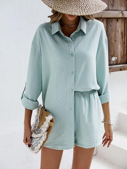 Conjunto Casual de Camisa de Manga Larga con Solapa y Shorts de Cintura Alta