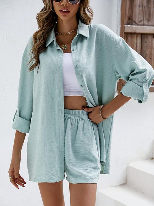 Conjunto Casual de Camisa de Manga Larga con Solapa y Shorts de Cintura Alta